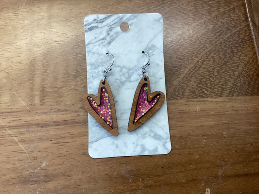 Wood and enamel pink heart earring